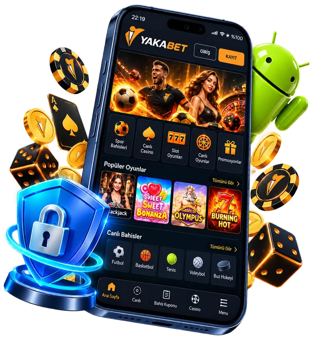 Yakabet mobil görünümünü gösteren telefon ve Android görseli